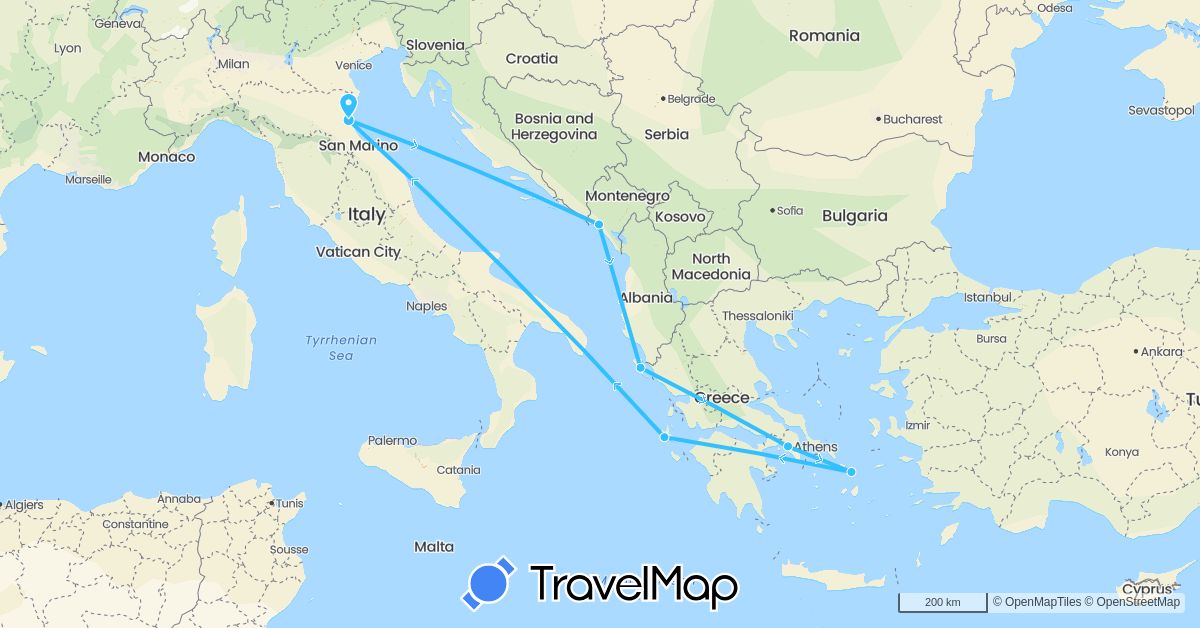 TravelMap itinerary: driving, boat in Greece, Italy, Montenegro (Europe)